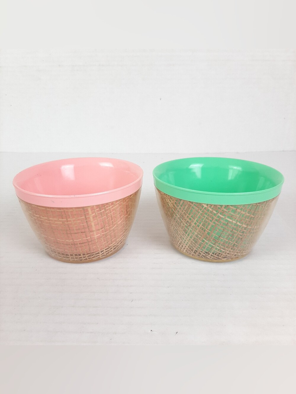 Raffiaware Snack Bowls - Set Of 2 - Mint Green And Pink MCM Vintage Midcentury
